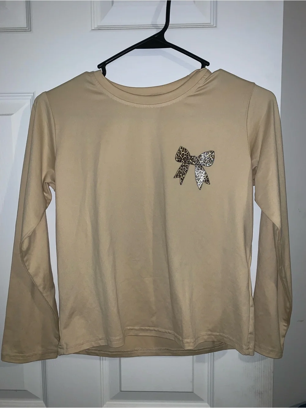 Kids Long Sleeve Cream Top with Leopard Bow Detail